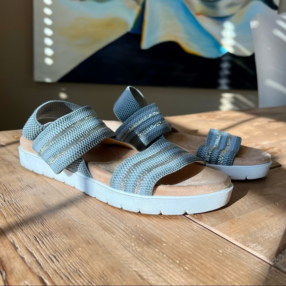SO Blue and Gold Metallic Stretch Elastic Comfort Sandals Womens Size 7.5 Medium - Picture 3 of 16